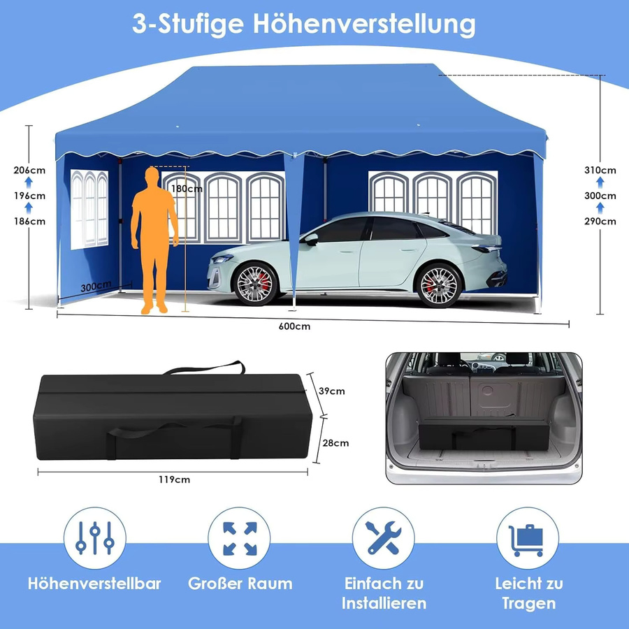 Homfa Popup-Pavillon in Grau, wasserdichtes Partyzelt mit 6 Seitenteilen, UV 50+ und höhenverstellbar, B/T/H: 600 x 300 x 300 cm - Bild 4