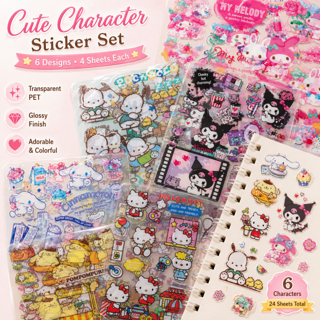 Sanrio Charakter-PET-Aufkleber, 4 Blatt, Hello Kitty, Kuromi, Melody, Cinnamoroll, Pompompurin, Pochacco - Bild 1