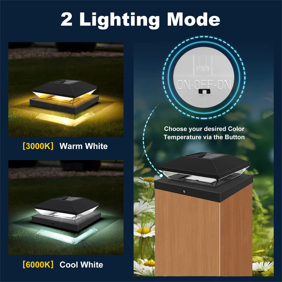 T-SUNRISE Solar-LED-Zaunlampe für den Garten, quadratische Solarsäulenpfostenkappe in Schwarz mit CCT-Funktion (3000 K und 6000 K) - Bild 2