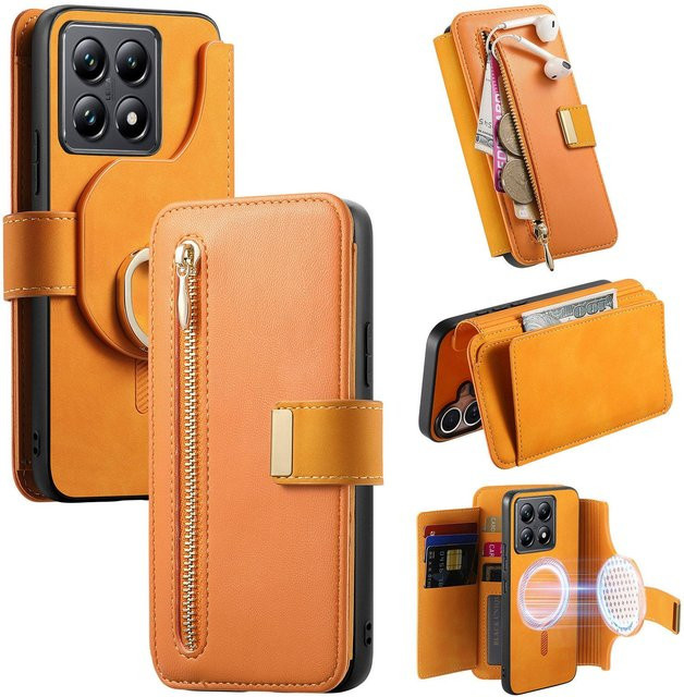 HQBBRO 2-in-1 Magnetische Lederhülle mit abnehmbarem Reißverschluss-Kartenfach für Xiaomi Redmi Note 13 Pro Plus, Redmi 12, 13C und 14T Pro, Gelb - Bild 1