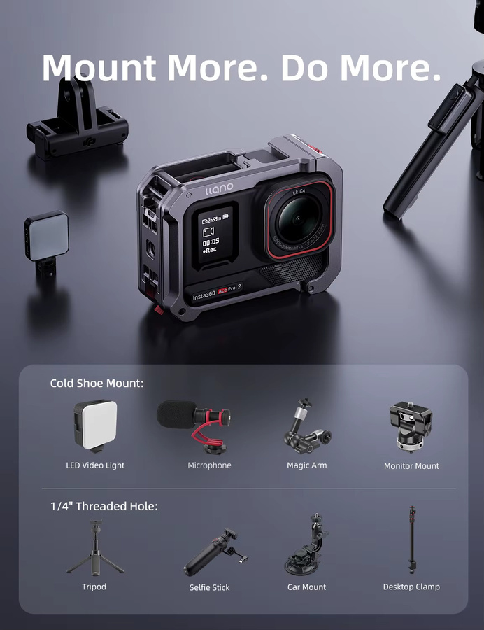 llano Aluminium-Käfiggehäuse für Insta360 Ace Pro und Ace Pro 2 Action-Kamera in Schwarz - Bild 3