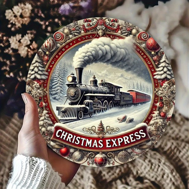 Potdemiel Christmas Express Snowy Train Wanddeko aus Metall, rundes Weihnachts-Hängeschild in Mehrfarbig, Durchmesser: 20 cm - Bild 1