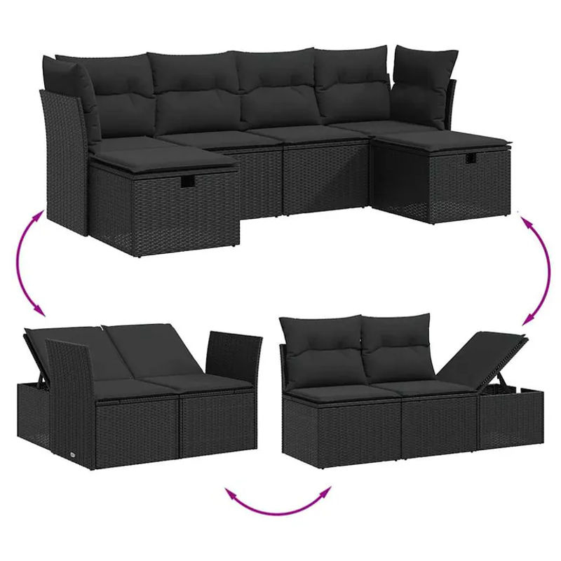 vidaXL 6-tlg Garten-Sofagarnitur aus Poly-Rattan in Schwarz mit Kissen und Stauraum - Bild 3