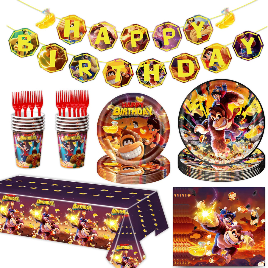Potdemiel Donkey Kong Geburtstagsdekoration Set mit Ballons, Bechern, Tellern, Servietten und Tischdecke in Multicolour - Bild 3