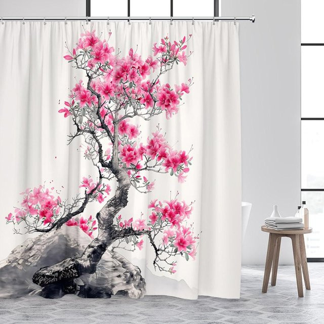 Baifenbai Home Furnishing Duschvorhang Japanische Landschaft mit Kirschblüten und Vögeln in Rosa, B/H: 180 x 230 cm - Bild 1