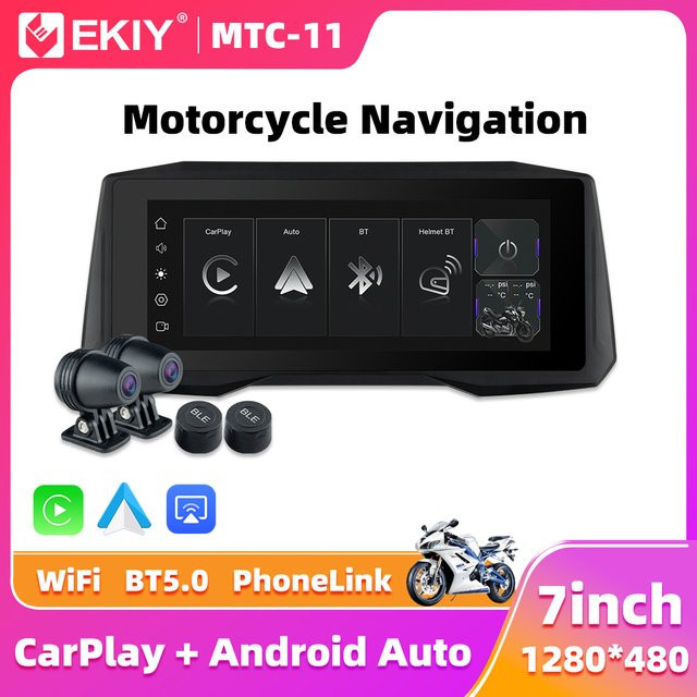EKIY 7-Zoll tragbares digitales Motorrad-Armaturenbrett mit Wireless CarPlay, Android Auto und GPS-Navigation sowie TPMS in Schwarz - Bild 1