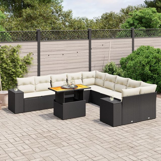 vidaXL 11-tlg. Garten-Sofagarnitur in L-Form aus Polyrattan und Akazienholz mit Kissen in Schwarz und Cremeweiß - Bild 3