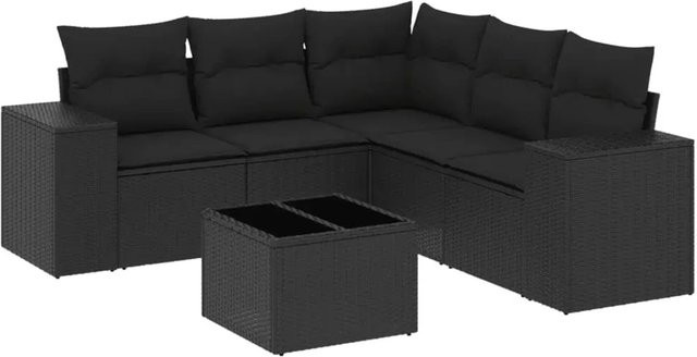 vidaXL 6-tlg Garten-Sofagarnitur in L-Form aus schwarzem Poly-Rattan mit Kissen und pulverbeschichtetem Stahlgestell - Bild 1
