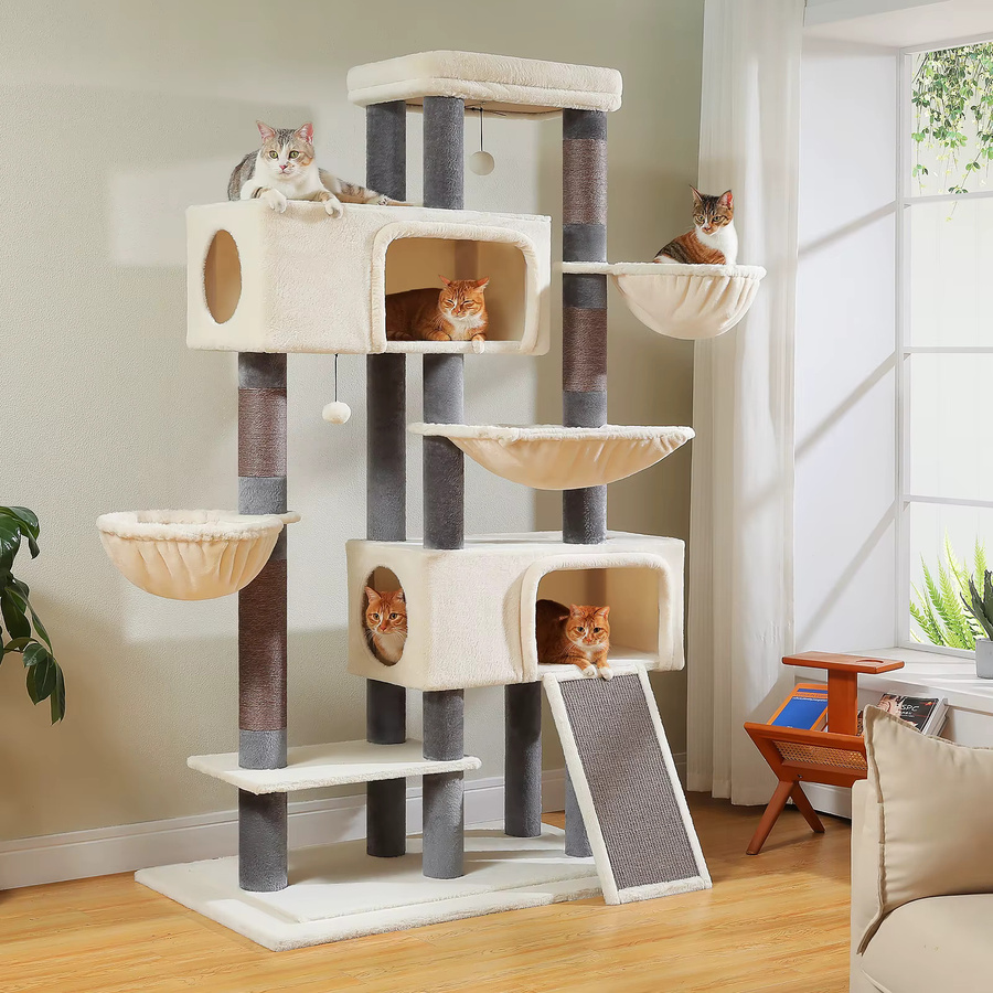 Luxuriöser Katzenbaum von PAWZ Road mit zwei Katzenhöhlen, Sisal-Kratzstämmen und einer großen Hängematte für erwachsene Katzen - Bild 2