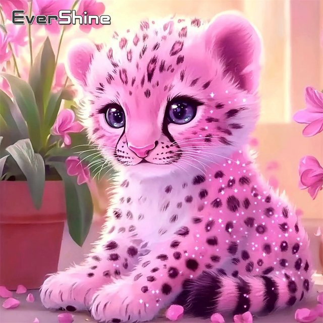 EverShine Diamantmalerei Leopard Tierbild mit Strass-Mosaik und Blumen als quadratischer Kreuzstich-Stickersatz B/B/H: 20 x 20 x 20 cm - Bild 1