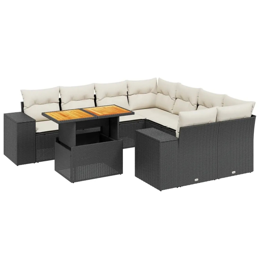 vidaXL 9-tlg Garten-Sofagarnitur in L-Form aus schwarzem Poly-Rattan mit Kissen und pulverbeschichtetem Stahlgestell - Bild 2