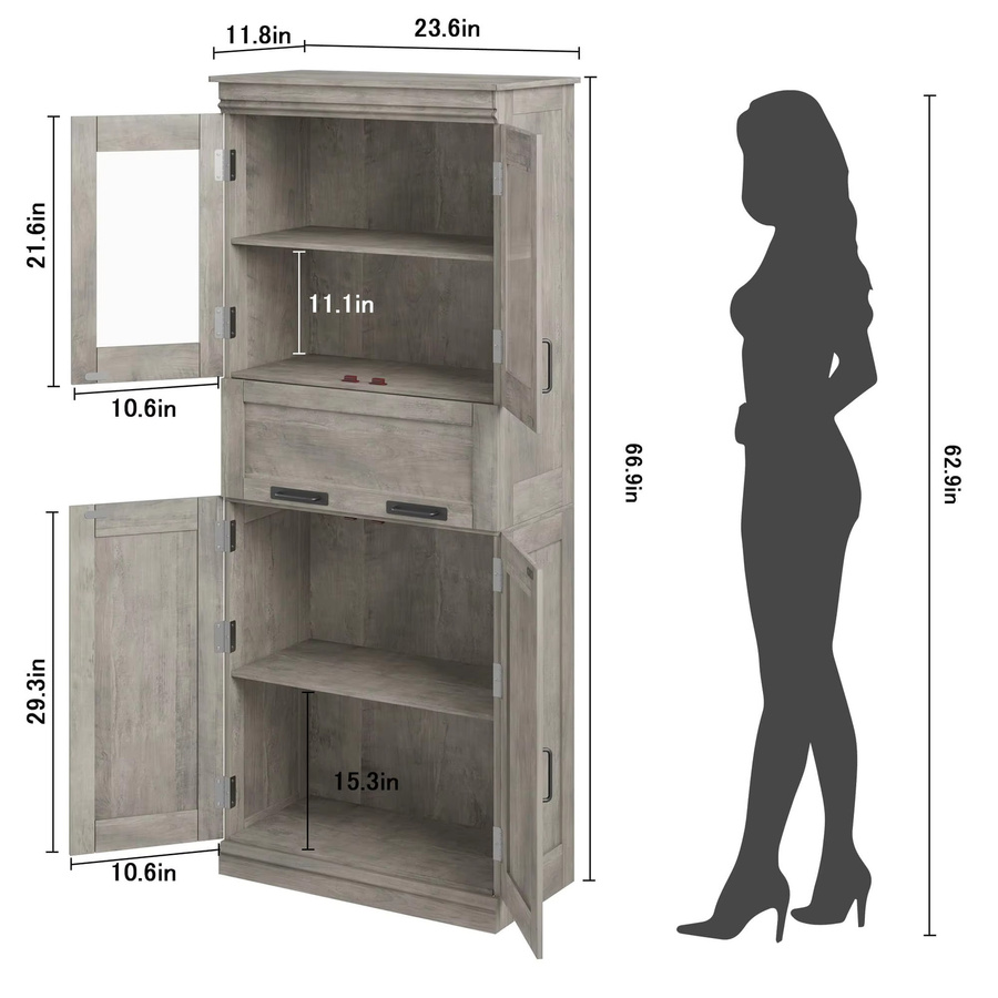 BonHaus Retro Aufbewahrungssäule in Grau mit transparenten Glastüren und verstellbaren Einlegeböden, Höhe: 170 cm - Bild 2