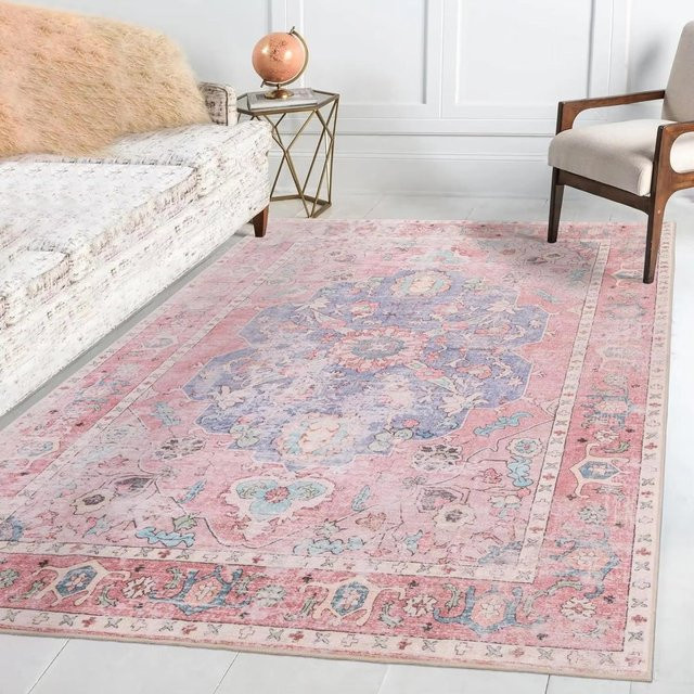 Lodestar Teppich in Rosa mit floralem Retro-Design, rutschfest und maschinenwaschbar, B/T: 150 x 100 cm - Bild 1