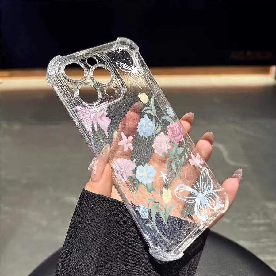 Caynes Stoßfeste TPU-Handyhülle mit Blumen- und Schmetterlings-Design für iPhone 17 16 15 14 13 12 11 Pro Max Air aus transparentem Silikon - Bild 4