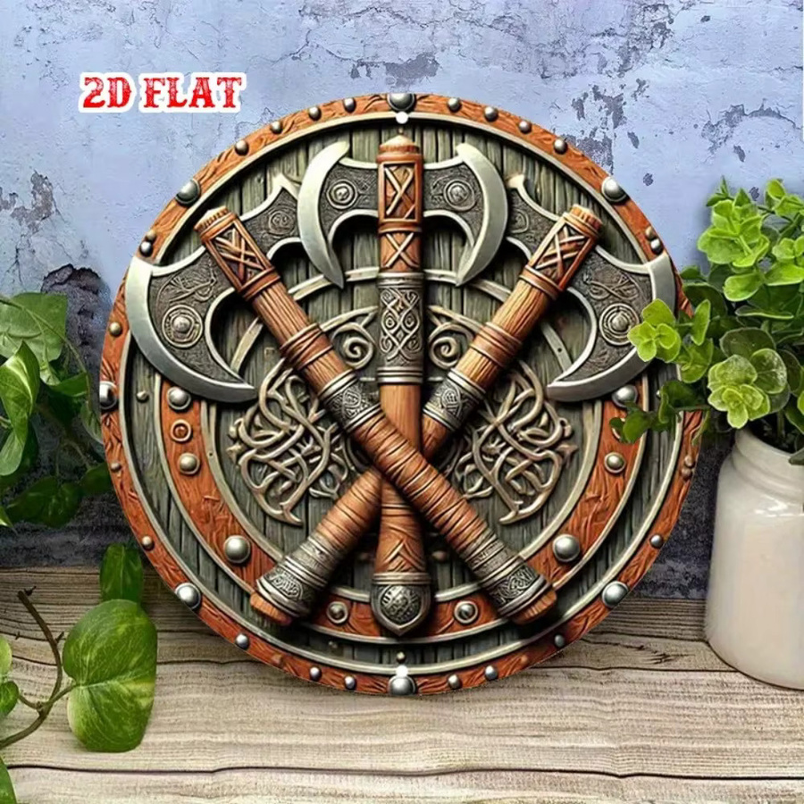 Wikinger-Axt Wandkunst CIFBUY Nordisches Retro Aluminium Rundes Schild Geometrische Heimdekoration in Braun - Bild 2