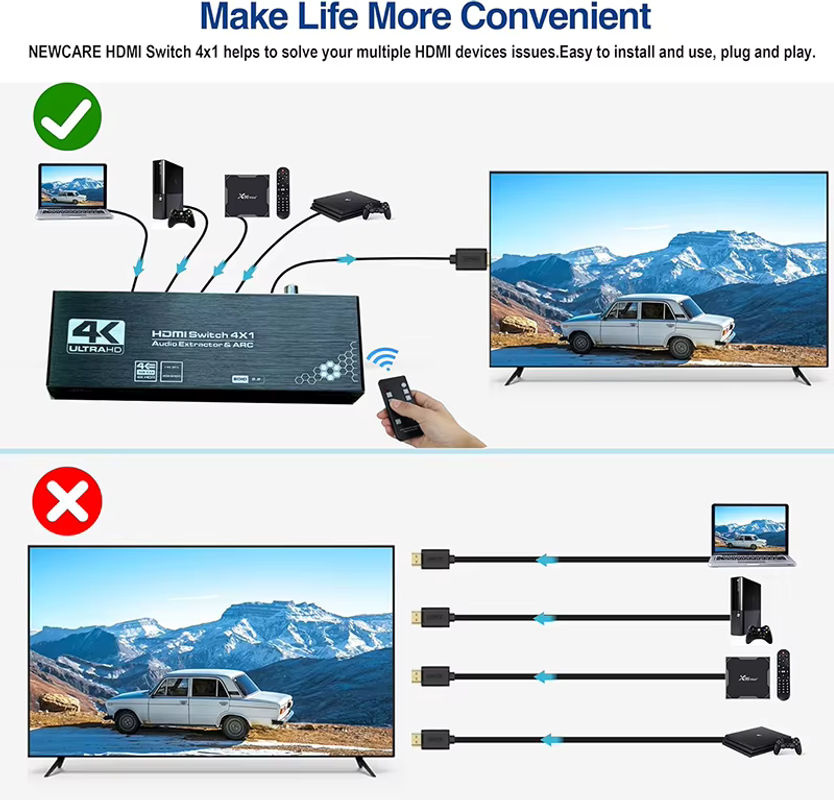 VBDWRM HDMI-Switch mit Audio-Extraktor 4-in-1, 4K 60Hz, HDMI 2.0, HDR und HDCP, Schwarz - Bild 2