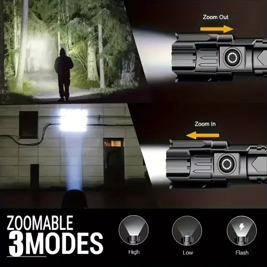 NEWBIRTH Taktische LED-Taschenlampe in Schwarz, wiederaufladbar und wasserdicht mit Zoomfunktion für Outdoor, Camping und Notfälle - Bild 3