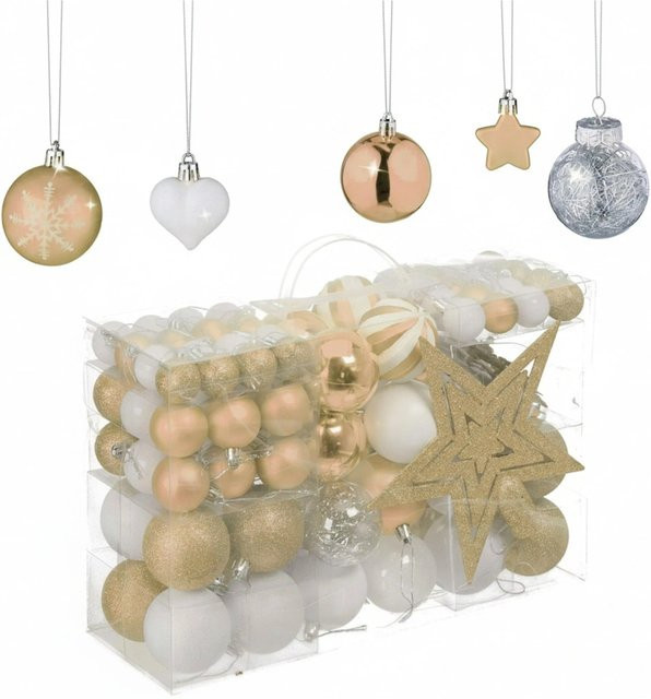 Relaxdays Weihnachtskugeln Set aus Kunststoff in Champagner mit Herz, Stern und Schneeflocke Motiven, matt, glänzend und glitzernd - Bild 1