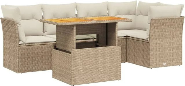 vidaXL 5-tlg Garten-Sofagarnitur in Beige-Creme aus Poly-Rattan mit Kissen und Akazienholz - Bild 1