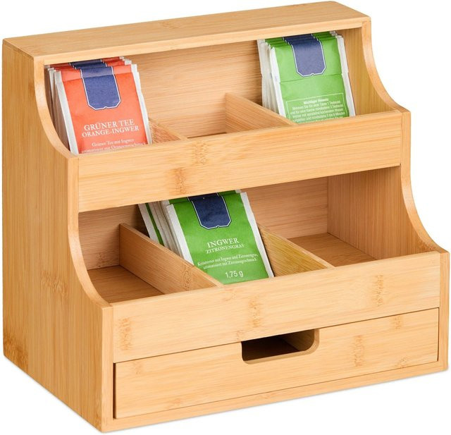 Relaxdays Tee Organizer aus Bambus in Natur mit 9 Fächern und Schublade, B/T/H: 24 x 27 x 17 cm - Bild 1