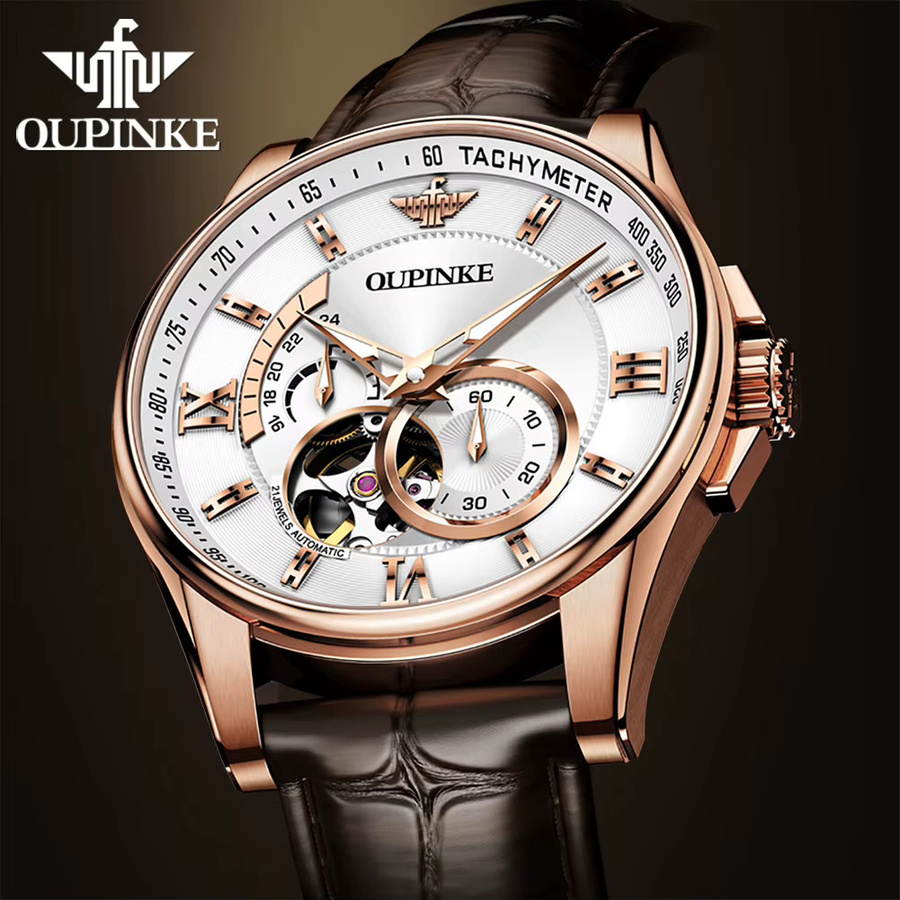 OUPINKE Armbanduhr Automatik, Leder, Blau, Roségold, Herren - Bild 2