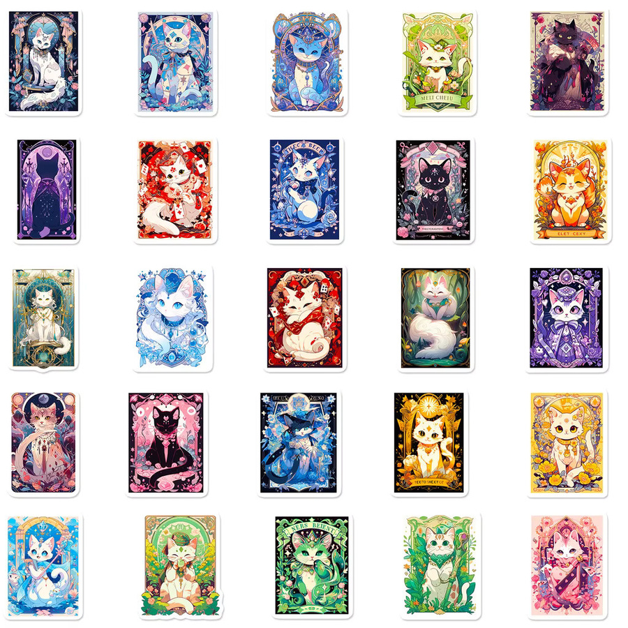 50 Stück Cartoon-Katze-Tarot-Aufkleber mit Wahrsagerei-Motiven von BulingBulingStickers Store in Multicolor - Bild 3