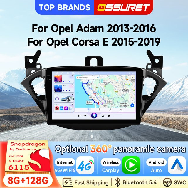 OSSURET Android 14 Autoradio mit 9-Zoll 2-DIN Display, Qualcomm Snapdragon 6115 Octa-Core, kabelloses CarPlay und Android Auto, DSP Audio und SWC, Schwarz, passend für Opel Adam 2013-2016 und Corsa E 2015-2019 - Bild 1