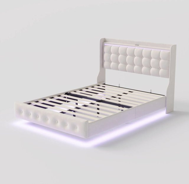 PXloue Polsterbett aus Samt mit LED-Unterbettbeleuchtung, USB- und Type-C-Anschlüssen sowie integriertem Nachttisch in Beige, B/T/H: 140 x 200 x 113 cm - Bild 1