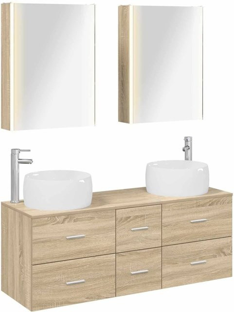 vidaXL Badezimmermöbel-Set 5-teilig in Sonoma-Eiche mit Waschtischunterschrank und Spiegelschrank, Wandmontage, mit LED-Beleuchtung und Glasfronten, Braun - Bild 1