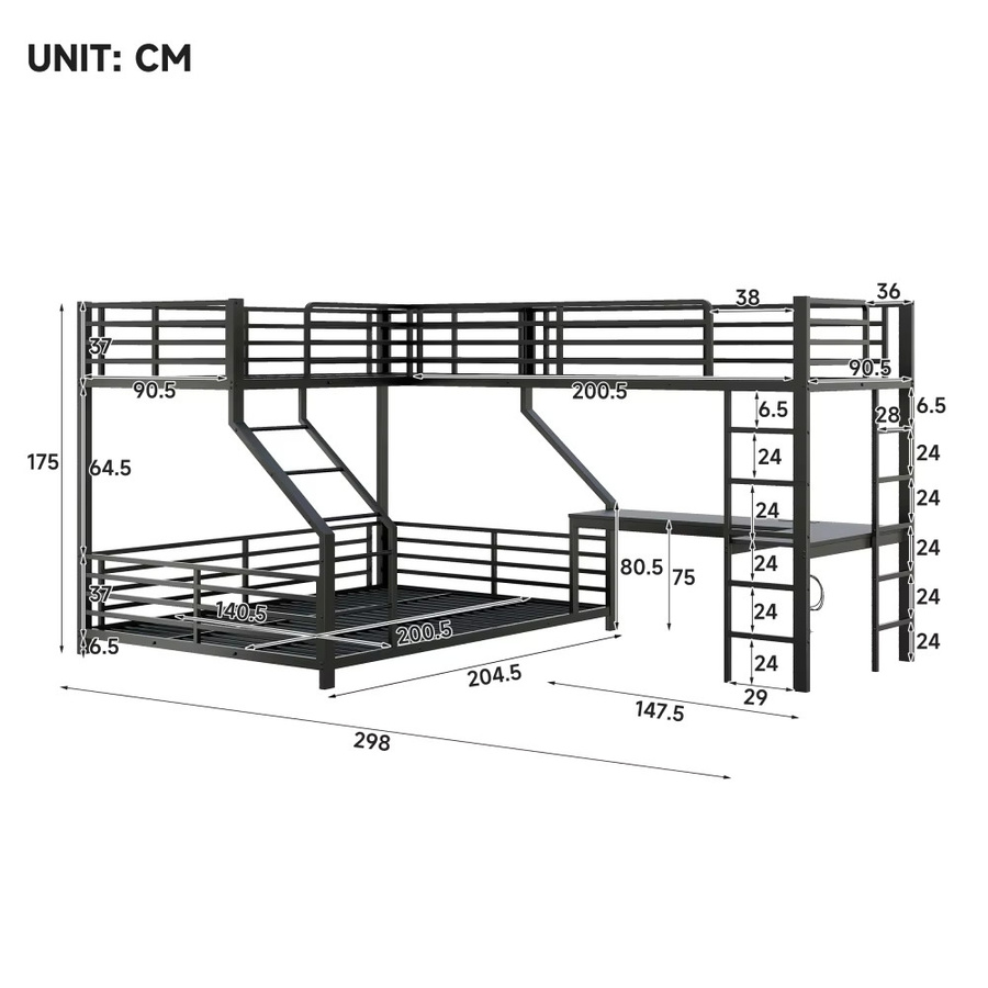 Mehrpersonen-Dreifach-Hochbettgestell aus schwarzem Metall mit integriertem Schreibtisch und USB- sowie Typ-C-Ladeanschluss, B/T/H: 90 x 200 cm & 140 x 200 cm Schlafplätze - Bild 2