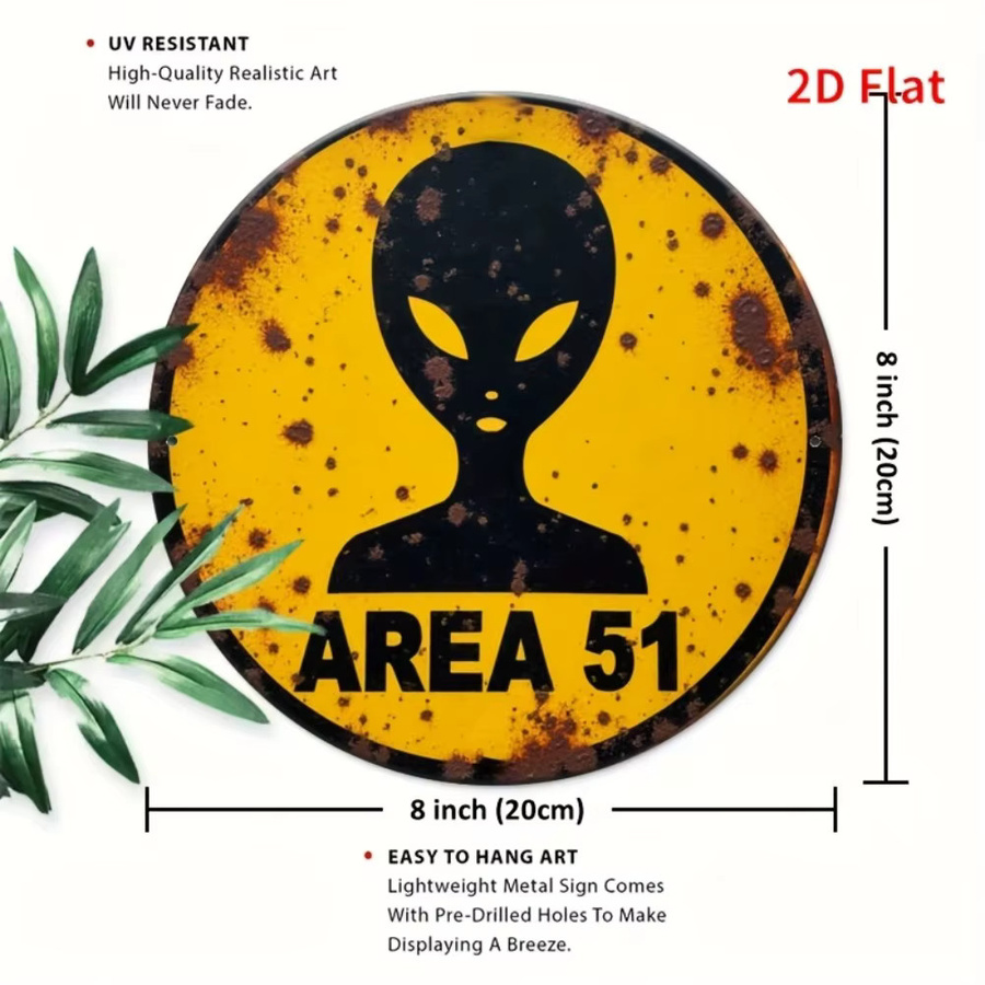 CIFBUY Area 51 Alien Retro Metallschild, Vintage UFO Außerirdische Dekoration, Gelb/Schwarz, Durchmesser: 20 cm - Bild 4