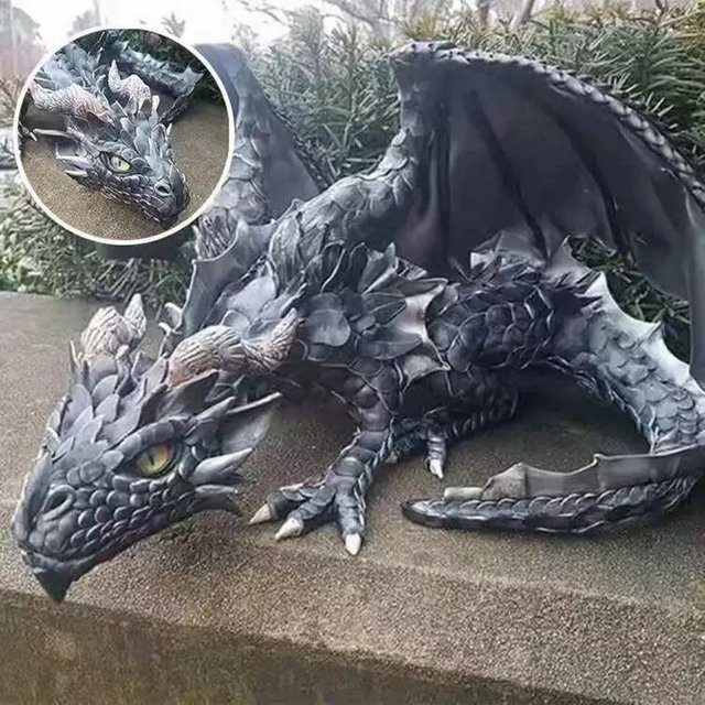 Große hockende Drachen Skulptur aus Harz in Grau als Gothic Gartenwächter und Outdoor Dekoration - Bild 1