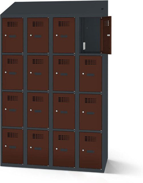 rotstahl Fächerschrank mit 16 Fächern und Ladefunktion, Korpus Anthrazitgrau und Front Mahagoni, B: 120 cm, H: 200 cm - Bild 1
