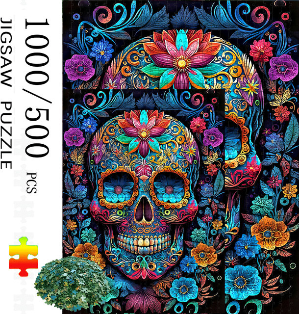 AZNM Mexikanisches Tag der Toten Puzzle, Catrina Skull & Sugar Skull, Bunt / Mehrfarbig - Bild 1