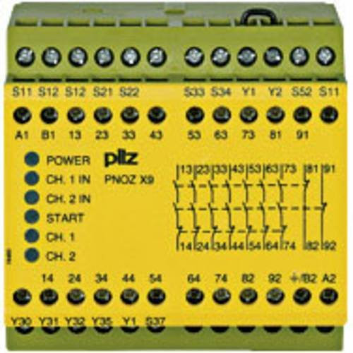 PILZ Sicherheitsschaltgerät PNOZ X9, Farbe: Gelb, 200-230VAC 24VDC, 7 Schließer (7n/o), 2 Öffner (2n/c), B x H x T: 90 x 87 x 121 mm - Bild 1