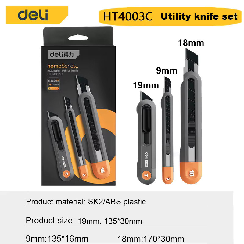 Deli Allzweckmesser-Set mit einziehbarem Cutter in Orange und Schwarz für Büro, Schule und Basteln - Bild 4