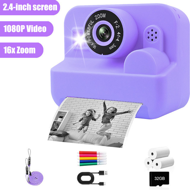 RIVGOT Kinderkamera mit Sofortdruck und MP3-Videospiel für Jungen und Mädchen, Thermodruckkamera in Blau oder Lila - Bild 1
