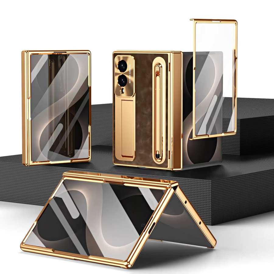 Samsung Galaxy Z Fold 8 Ultra Fold 7 6 5 4 Etui aus galvanisiertem Leder mit Kickstand, Scharnier-Schutz, Stylus-Slot und gehärteter Glasfolie in Blau und Gold - Bild 2