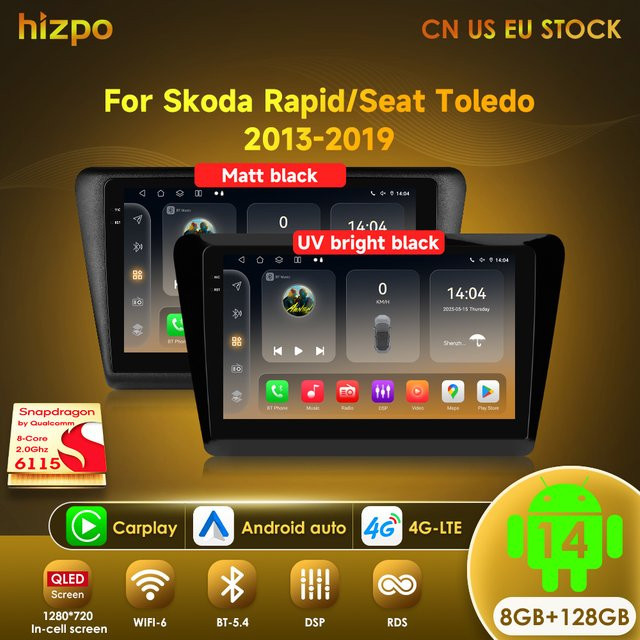 Hizpo Auto Radio Stereo mit 8 Kernen, 8 GB RAM und 128 GB Speicher für Skoda Rapid und Seat Toledo 2013-2019, QLED Display, AI Sprachsteuerung, 4G und WIFI, Schwarz - Bild 1