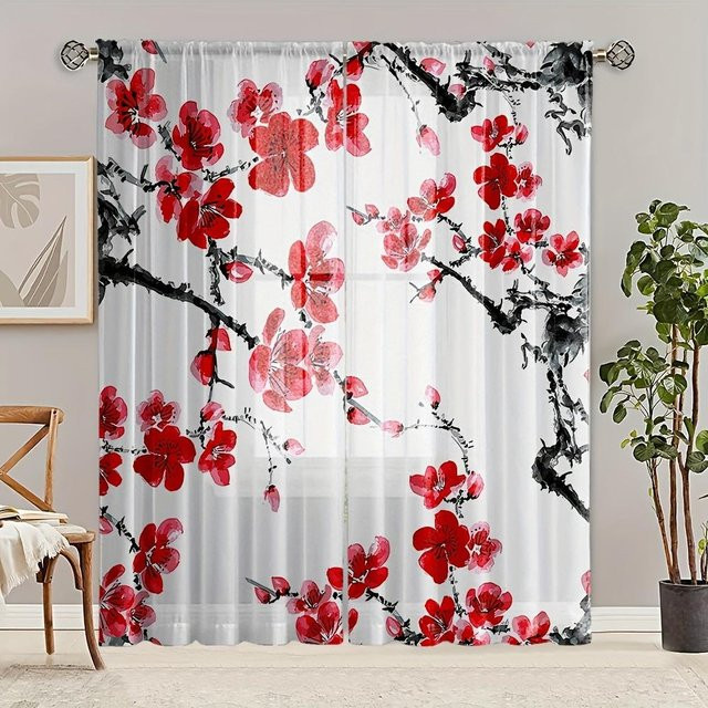 2er-Set Yiran Furniture Transparente Voilegardinen mit Rosa Pfirsichblüten und Pflaumenmuster, Farbe: Rosa/Transparent, Breite: 100 cm, Höhe: 130 cm - Bild 1