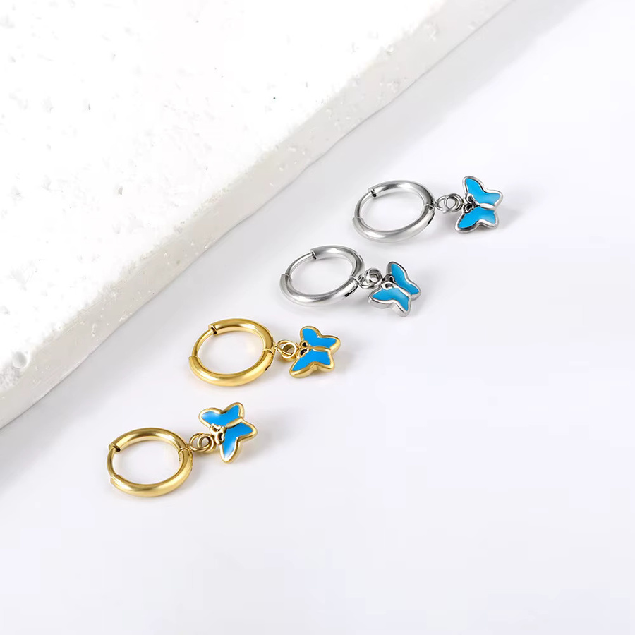 LUXUSTEEL Ohrringe Edelstahl, blaue Tropfenöl, Kreis mit Schmetterling, Damen - Bild 1