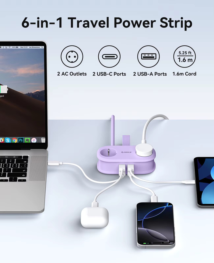 ORICO Tragbare Reise-Steckdosenleiste mit 65 W GaN-Schnellladestation, 2 AC-Steckdosen und 2 USB-C Anschlüssen, Weiß oder Lila - Bild 2