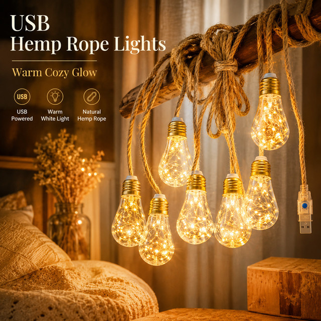 USB Hanfseil-Lichterkette mit warmweißen LED Vintage-Glühbirnen in Weiß für deine Dekoration im Schlafzimmer, auf dem Balkon oder bei Partys - Bild 1