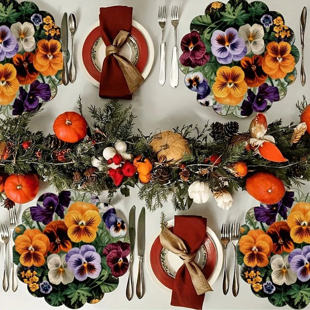 VIKAMA 4er-Set runde Tischsets aus Leinen mit floralem Blumenmuster in Purpur und Multicolour, hitzebeständig - Bild 1