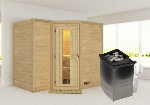 Karibu Sauna Riga 2 aus Fichtenholz mit 9 kW Saunaofen und integrierter Steuerung für 4 Personen, Farbe: beige - Bild 1