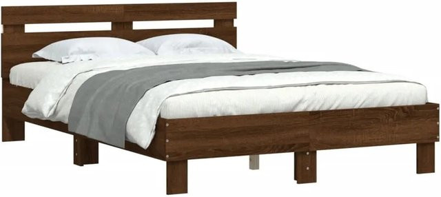 vidaXL Bettgestell mit Kopfteil, LED-Beleuchtung und USB-Ladeport, Eiche Braun, B: 140 cm, T: 190 cm - Bild 1