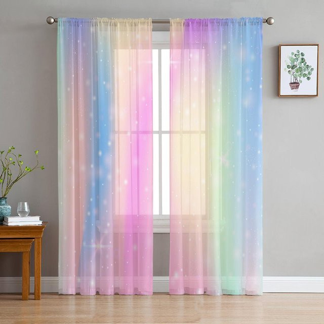 2er-Set Transparente Tüllvorhänge von Yiran Furniture in Rosa und Mehrfarbig mit Sternen-Design, Breite: 70 cm, Höhe: 165 cm - Bild 1