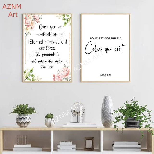 Set aus 2 Leinwandbildern mit christlichen Bibelvers-Zitaten und floralem Design in Weiß, minimalistische Wandkunst für dein Wohnzimmer - Bild 1