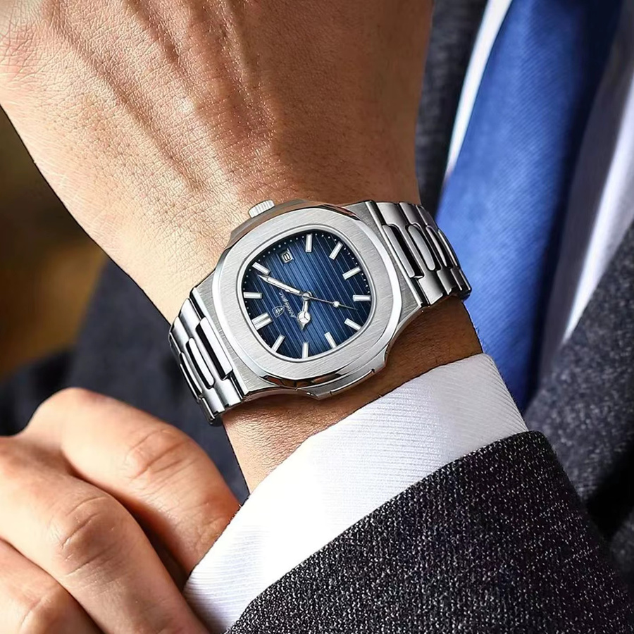 POEDAGAR Armbanduhr Quarz, Edelstahl, Blau, Schwarz, Herren, Datum - Bild 6