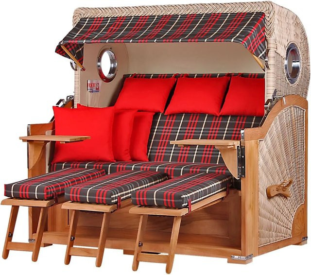 bene,iving Strandkorb Komplettset Königssee 3 Sitzer aus Teakholz mit PE Shell Modell 529, Braun/Mehrfarbig, inklusive Liftersystem, Schutzhülle, Doppelrollen und Glasbecherhalter - Bild 1